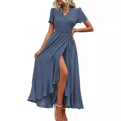 MARJORIE - Cozy Summer Wrap Ruffle Hem Split Maxi Dress
