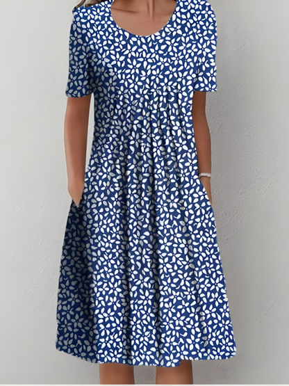 Aurexia - Vrouwelijke Plissé Jurk met Korte Mouwen, Vloeiende Snit, Elegante Bloemenprint