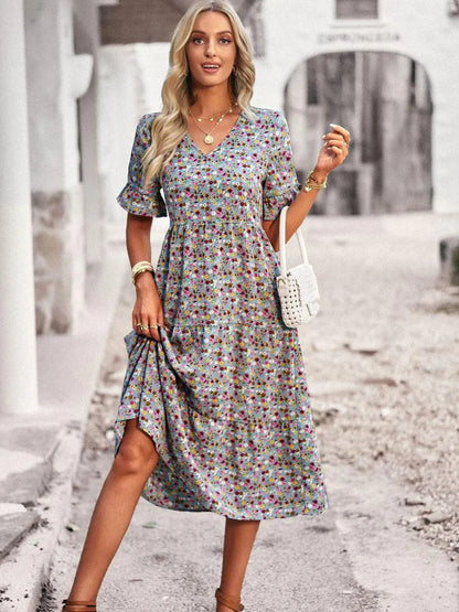 Robe Midi Fleurie Femme à Col V – Robe d’Été Légère à Manches Courtes