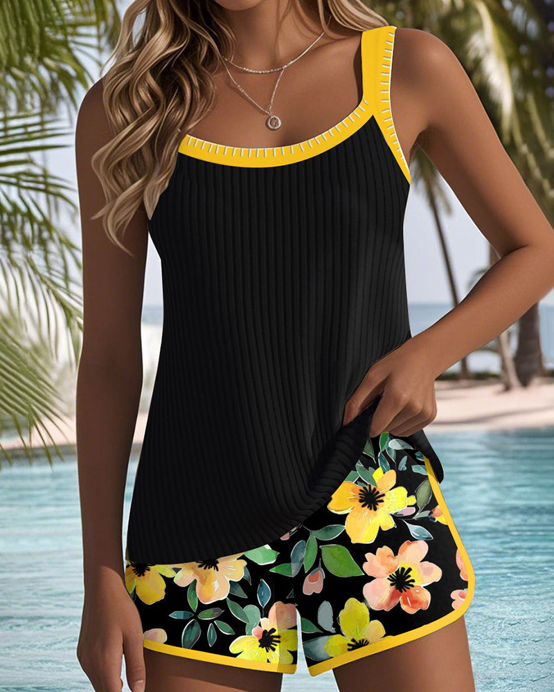 Maren Floral-Print Swimsuit Tank Top with Matching Boxer Bottoms