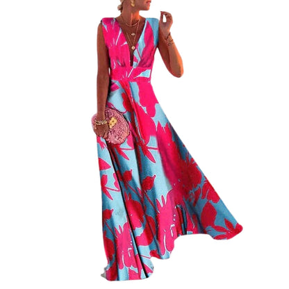 Robe longue sans manches à col V avec jupe fluide