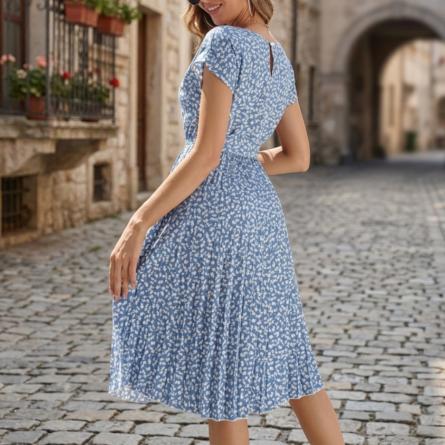 Women's Floral Short Sleeve Belted Midi Dress