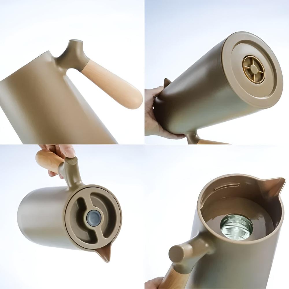 Geïsoleerde Karaf 1 Liter Houten Handvat Dubbelwandig Koffiekaraf Thermos Scandinavisch Design Groen Wit Zwart Rood Bruin | Restfield