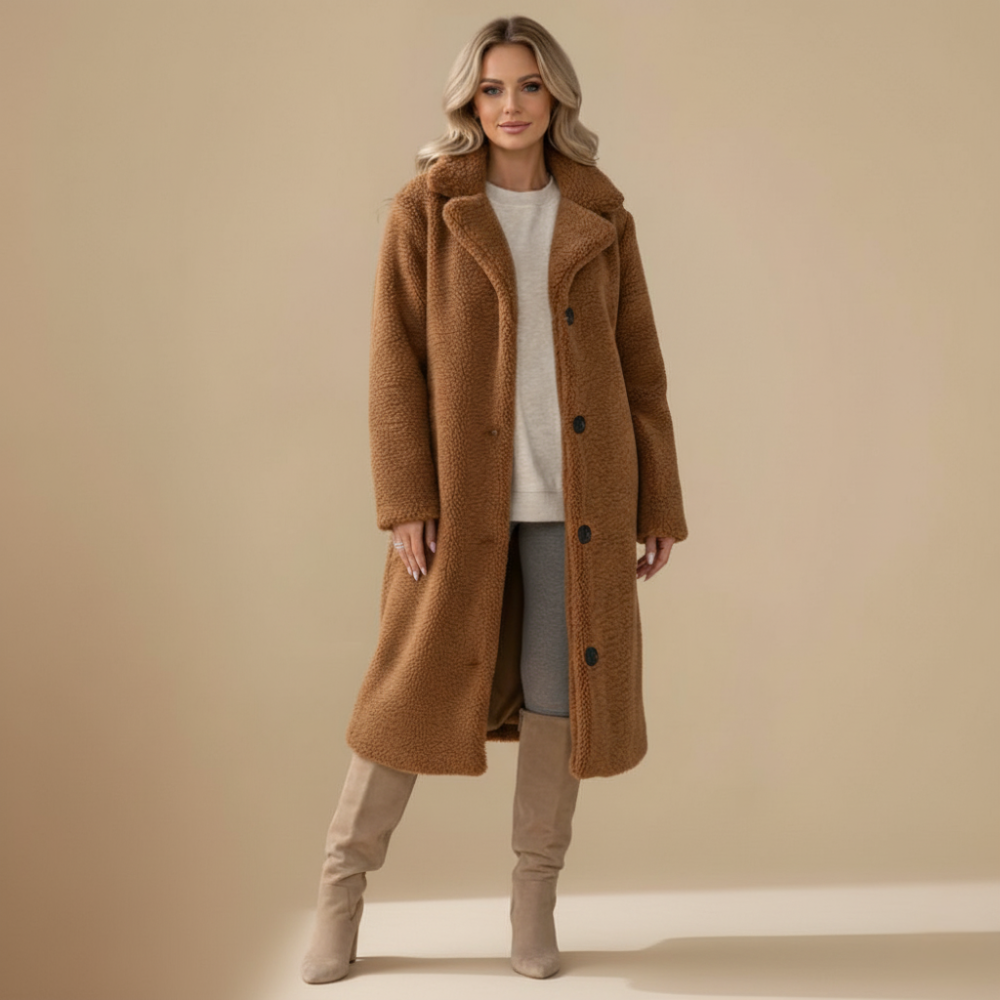 Angel Manteau Teddy Long Femme – Coupe Oversize Douce avec Col Revers & Fermeture Boutonnée