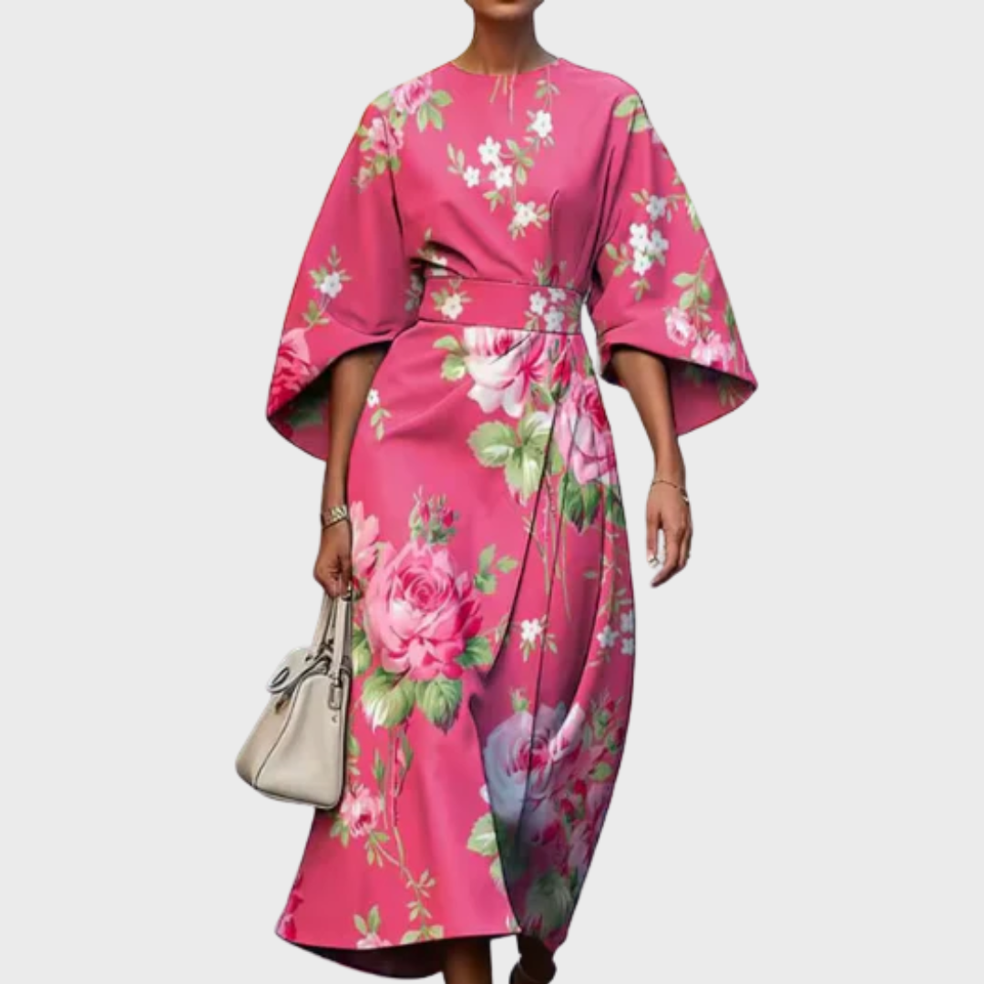 Reina - Vestido Midi Floral com Cintura Marcada