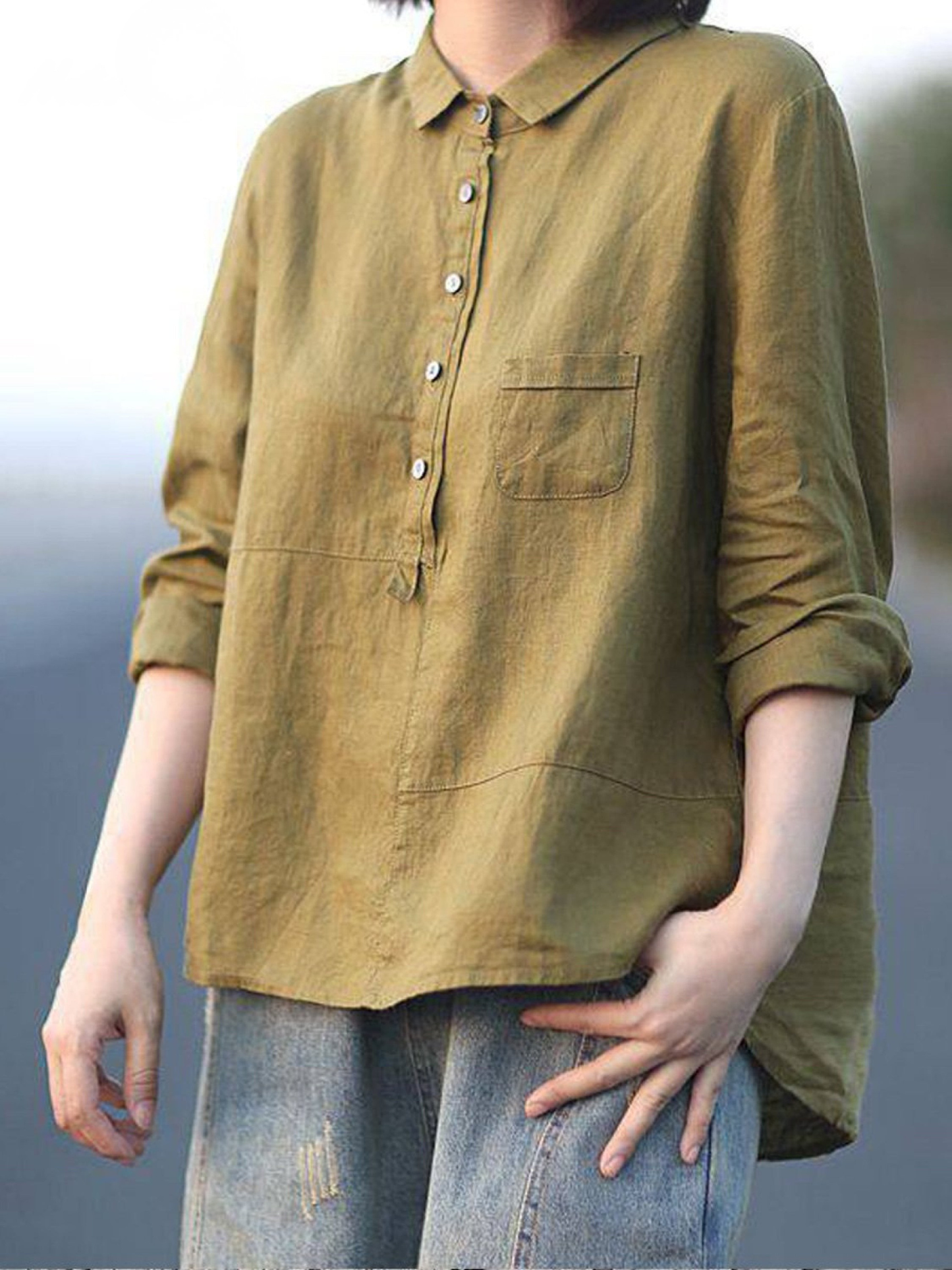 Women's Linen Blouse Oversized Button Up Long Sleeve Shirt Top