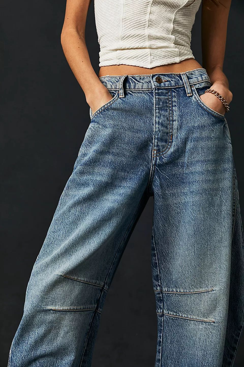 Jean Barrel Large Jambe Large Taille Moyenne Stretch Femme – Denim Décontracté Baggy