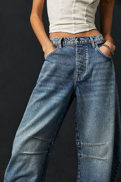 Jean Barrel Large Jambe Large Taille Moyenne Stretch Femme – Denim Décontracté Baggy