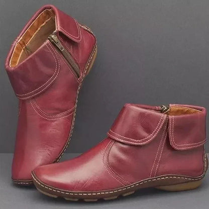Women's Leather Ankle Boots Slip-On Comfort Shoes with Side Zipper