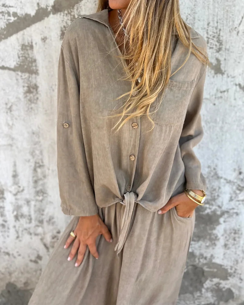 Ensemble Deux-Pièces Femme Décontracté et Tendance – Chemise à Manches et Pantalon Large Confortable