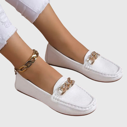 Women's Casual Slip-On Flat Loafers with Gold Chain Detail