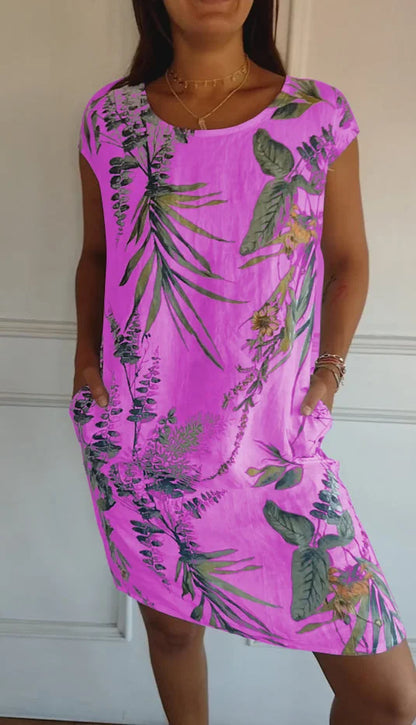 Women's Linen Tropical Print Shift Dress