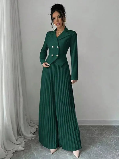 Women's Two Piece Suit Set - Cropped Blazer and Pleated Wide-Leg Pants