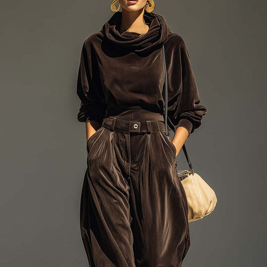 Damen-Set aus Samt-Hoodie und Hose mit Gürtel