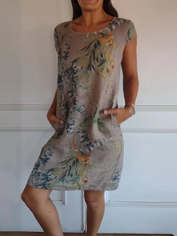 Women's Linen Tropical Print Shift Dress