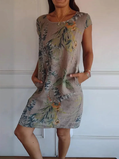 Women's Linen Tropical Print Shift Dress