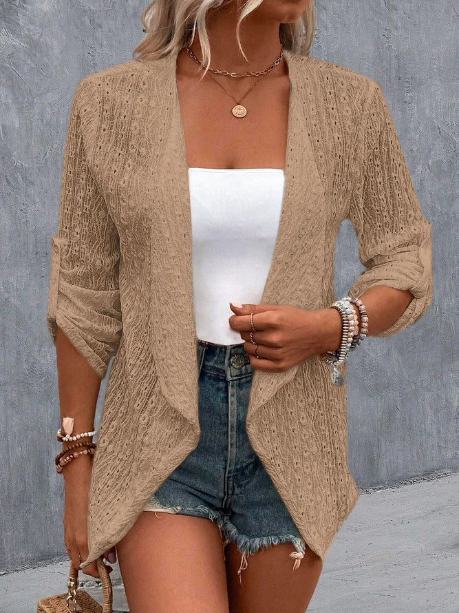 Women's Eyelet Roll-Tab Sleeve Cardigan
