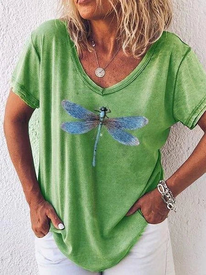 Women's Dragonfly Print V-Neck Short Sleeve Casual Tee