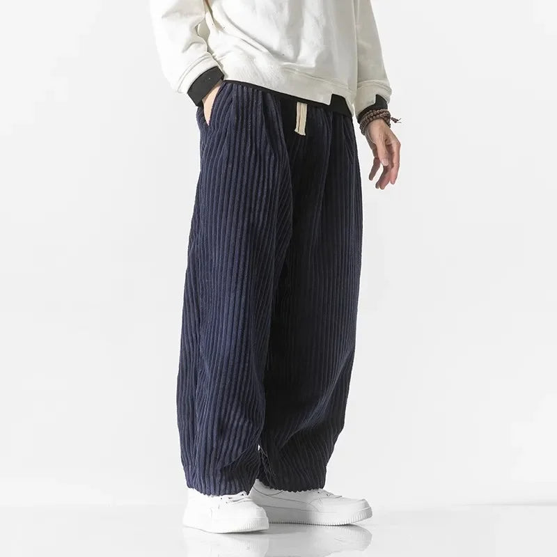 Men's Wide Leg Relaxed Fit Corduroy Baggy Trousers with Drawstring