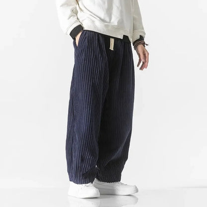 Men's Wide Leg Relaxed Fit Corduroy Baggy Trousers with Drawstring