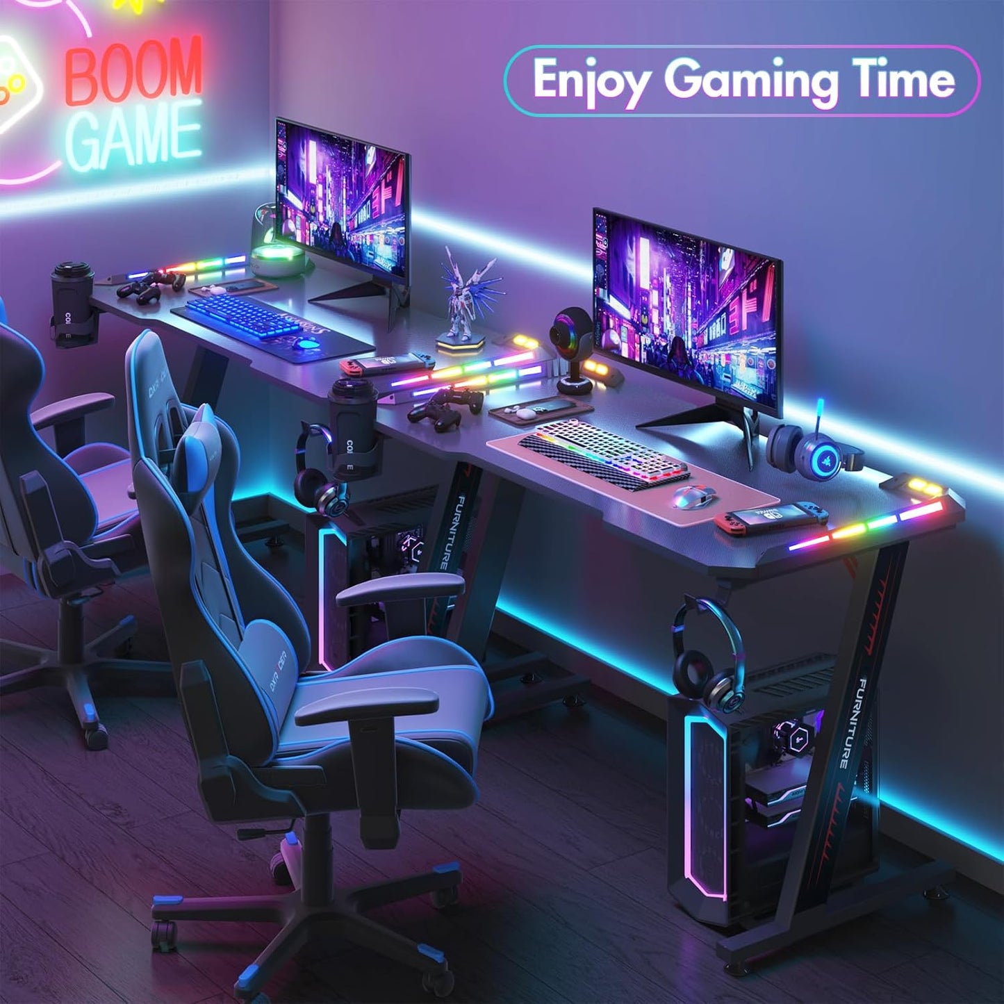 Gaming Bureau met RGB LED Verlichting 120x60 cm – Carbon Fiber Look met Z Frame en Accessoires | Restfield
