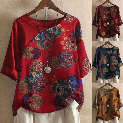 Adoria - Boho Floral Print Blouse with Button