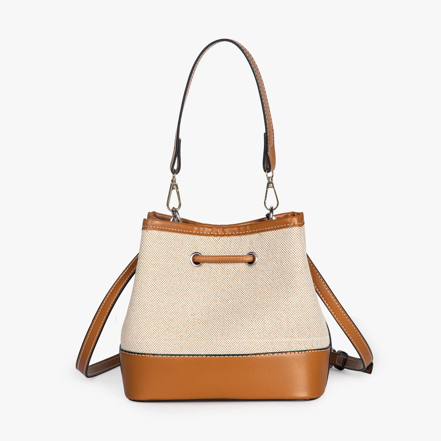 Canvas-Eimer-Tasche mit veganem Lederbesatz und Kordelverschluss