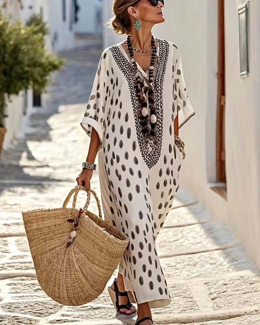 Hynovia™ - Robe femme maxi kaftan imprimé pois col V bordure ethnique