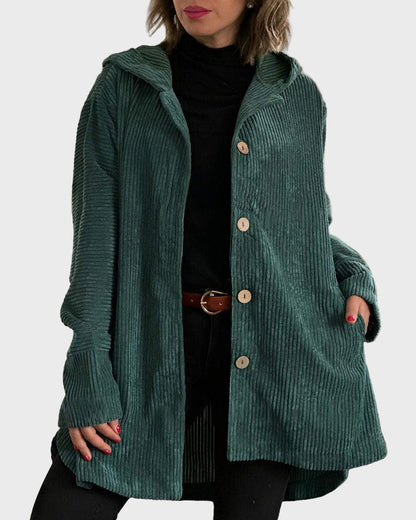 Adelgunde | Dames corduroy jas met capuchon – Casual herfst-winterjas met knopen aan de voorkant