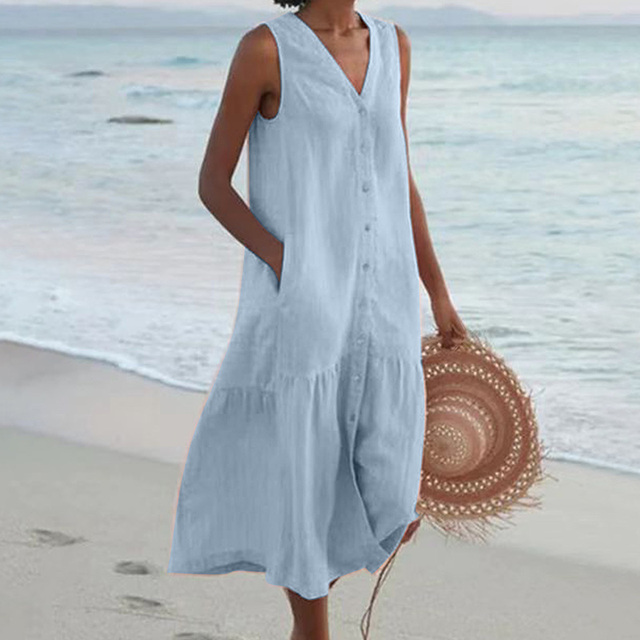 Women's Sleeveless Button-Front Midi Dress with V-Neck Design