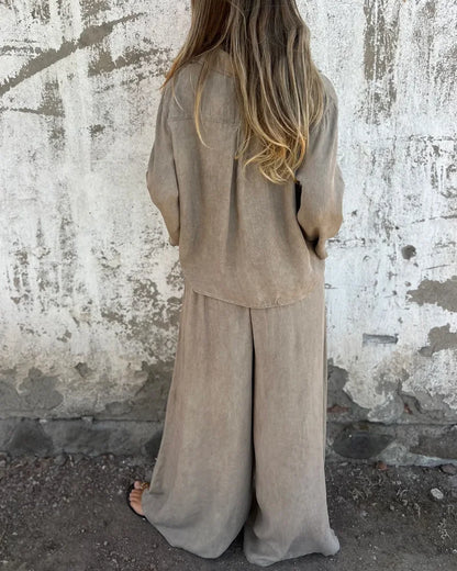 Ensemble Deux-Pièces Femme Décontracté et Tendance – Chemise à Manches et Pantalon Large Confortable