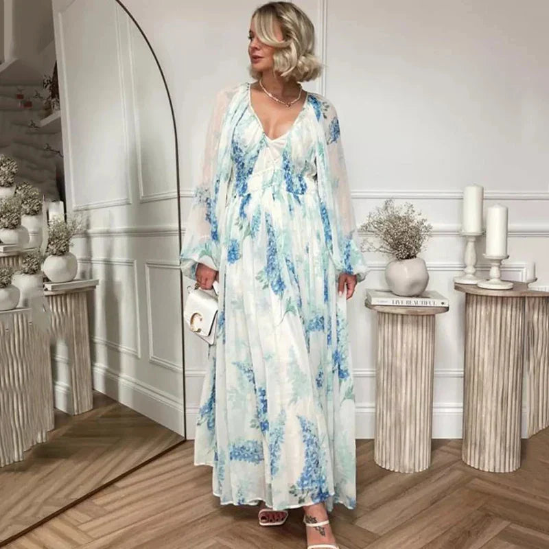Maxikleid mit Blumenmuster und Tunnelzug am Taillenbund