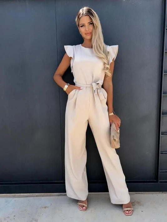 Jumpsuit Linen Blend Wide Leg Belted Summer One Piece