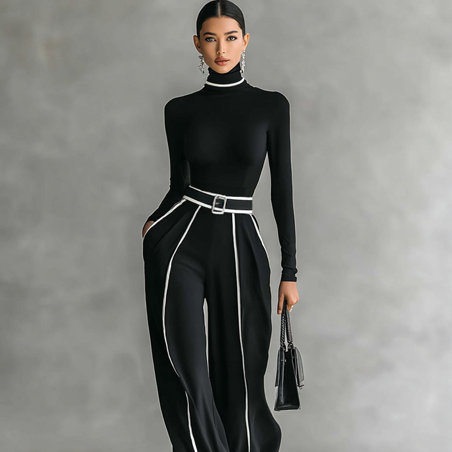 Set aus Damen-Rollkragenpullover und Hose mit weitem Bein