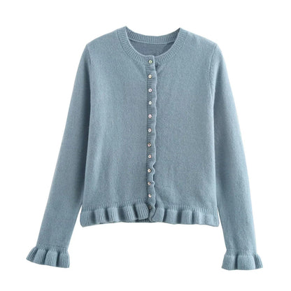 Ruffled women's cardigan with buttons, chic layered top