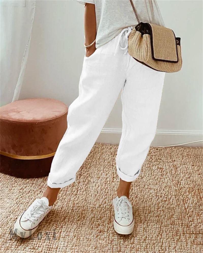 Pantaloni donna in lino a vita alta leggeri e traspiranti