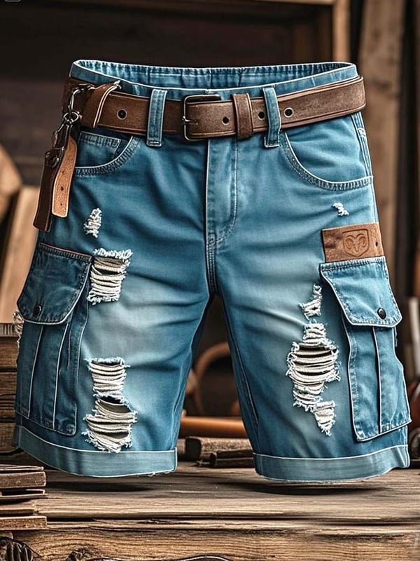 Herren Vintage Outdoor Funktions-Shorts aus zerrissenem Denim