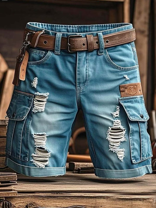 Herren Vintage Outdoor Funktions-Shorts aus zerrissenem Denim