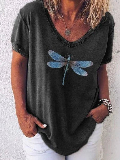 Women's Dragonfly Print V-Neck Short Sleeve Casual Tee