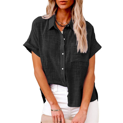 Women’s Relaxed Button Front Short Sleeve Blouse Top
