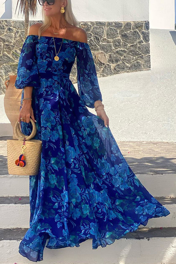 Λυδία | Μακρύ φόρεμα με λουλούδια και off-the-shoulder μανίκια