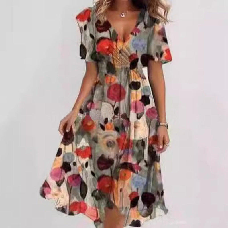 Robe Midi Femme Cache-Cœur à Fleurs – Style A-Line à Manches Courtes