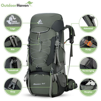 OutdoorHaven Backpack 75L - Waterdicht - Trekkingrugzak