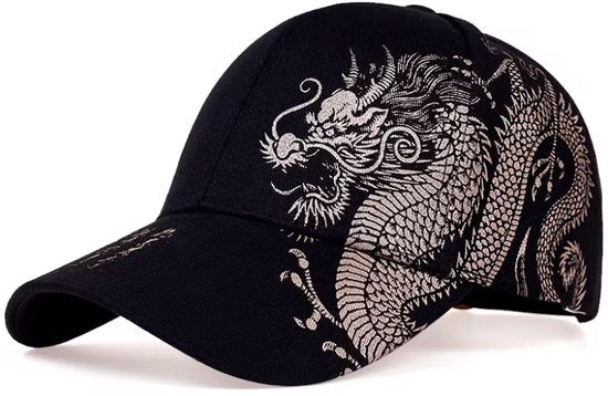 Zwart dragon print baseball pet heren – cap met draak patroon en gebogen klep – verstelbare casual baseball pet met Aziatisch geïnspireerd design – zwarte heren pet voor outdoor en dagelijks gebruik