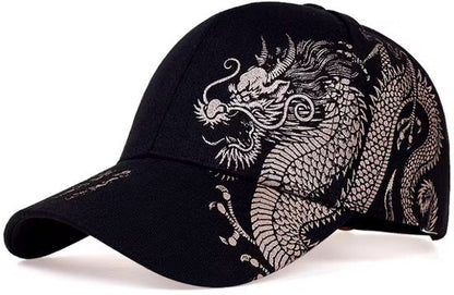 Zwart dragon print baseball pet heren – cap met draak patroon en gebogen klep – verstelbare casual baseball pet met Aziatisch geïnspireerd design – zwarte heren pet voor outdoor en dagelijks gebruik