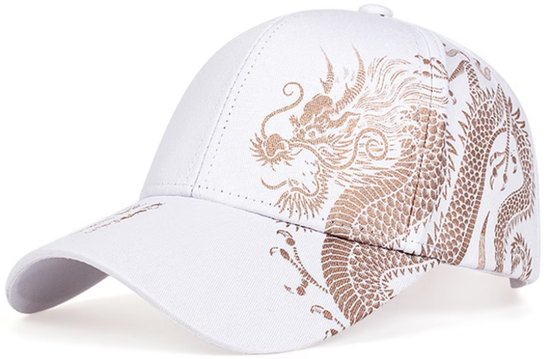 Wit dragon print baseball pet heren – cap met draak patroon en gebogen klep – verstelbare casual baseball pet met Aziatisch geïnspireerd design – witte heren pet voor outdoor en dagelijks gebruik