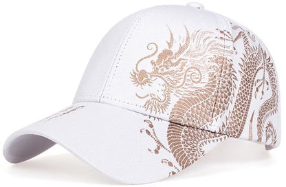 Wit dragon print baseball pet heren – cap met draak patroon en gebogen klep – verstelbare casual baseball pet met Aziatisch geïnspireerd design – witte heren pet voor outdoor en dagelijks gebruik