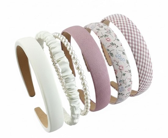 8721438343591 Set van 6 haarbanden voor dames en meisjes – elegante diadeem set in crème, roze en bloemmotief – haaraccessoires met parels, stof en satijn