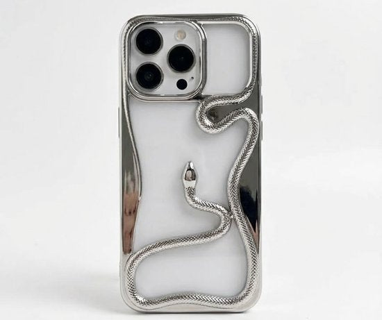 8721438308903 Zilverkleurig transparant telefoon hoesje geschikt voor iPhone 16 Pro Max – backcover met 3D slang detail, zacht TPU softcase met verhoogde rand en elektroplating afwerking