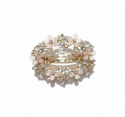 Beige bloemen haarclip dames – goudkleurige haarspeld met bloem decoratie en strass steentjes – elegante rechthoekige haar clip
